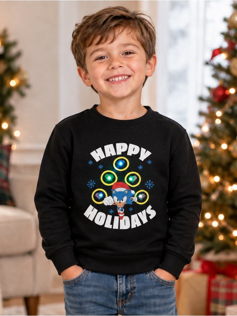 Sonic the Hedgehog “Happy Holidays” Light-Up Crewneck Sweatshirt – Size XS (4–5)